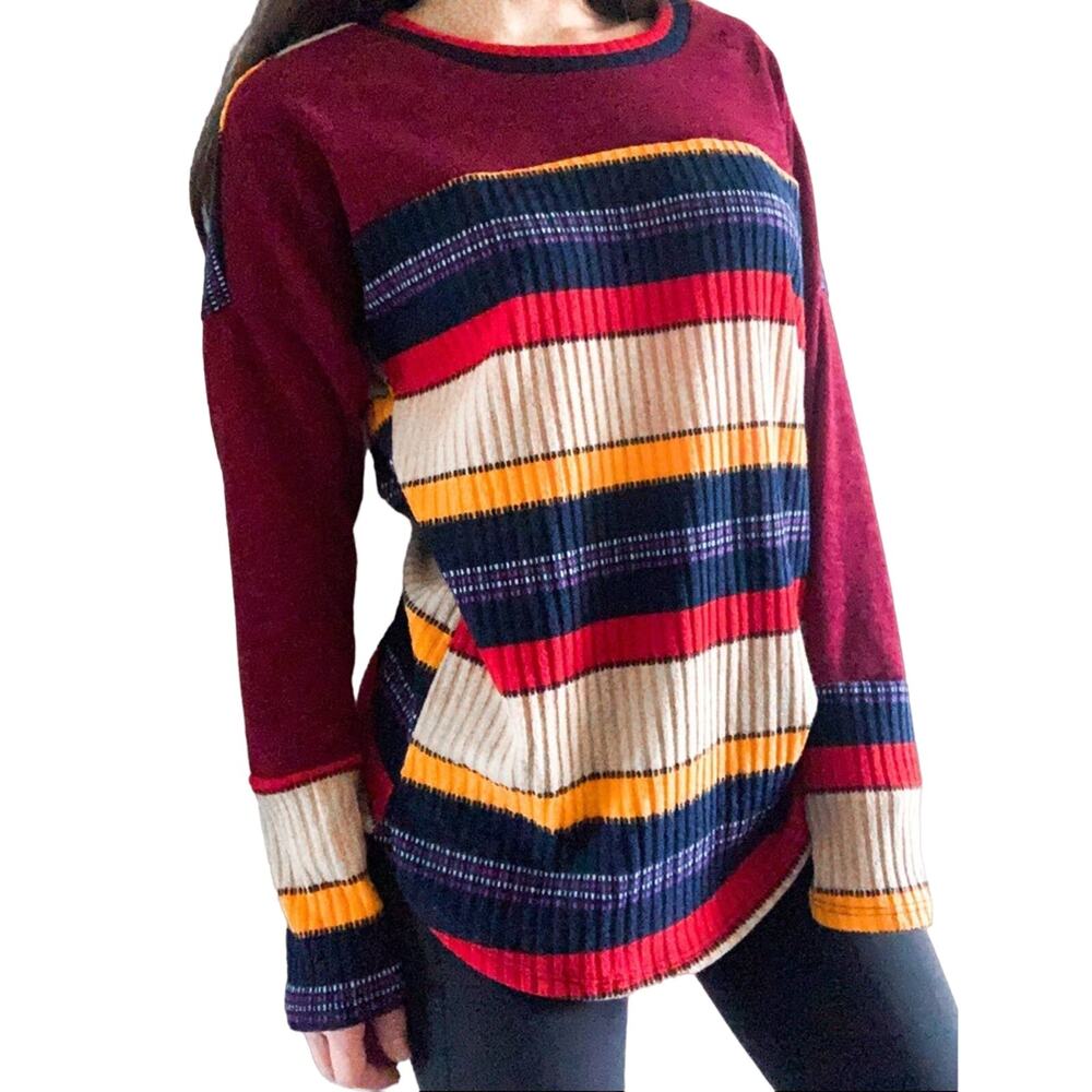 NEW Striped contrast color block long sleeve knit top
